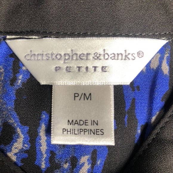 CHRISTOPHER & BANKS BLUE BLACK LONG SLEEVE ABSTRACT BLOUSE  SIZE MEDIUM PETITE - Picture 4 of 13